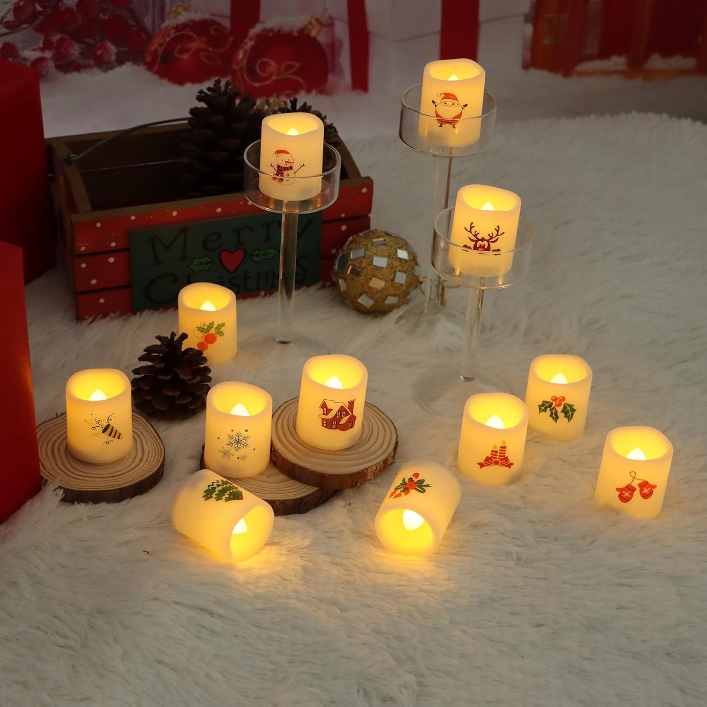 Christmas Battery Operated Flameless Votive Candles Small Realistic Flickering Electric LED Votives with Christmas Theme Decals for Xmas Party Decorations 12 Pack Batteries Included