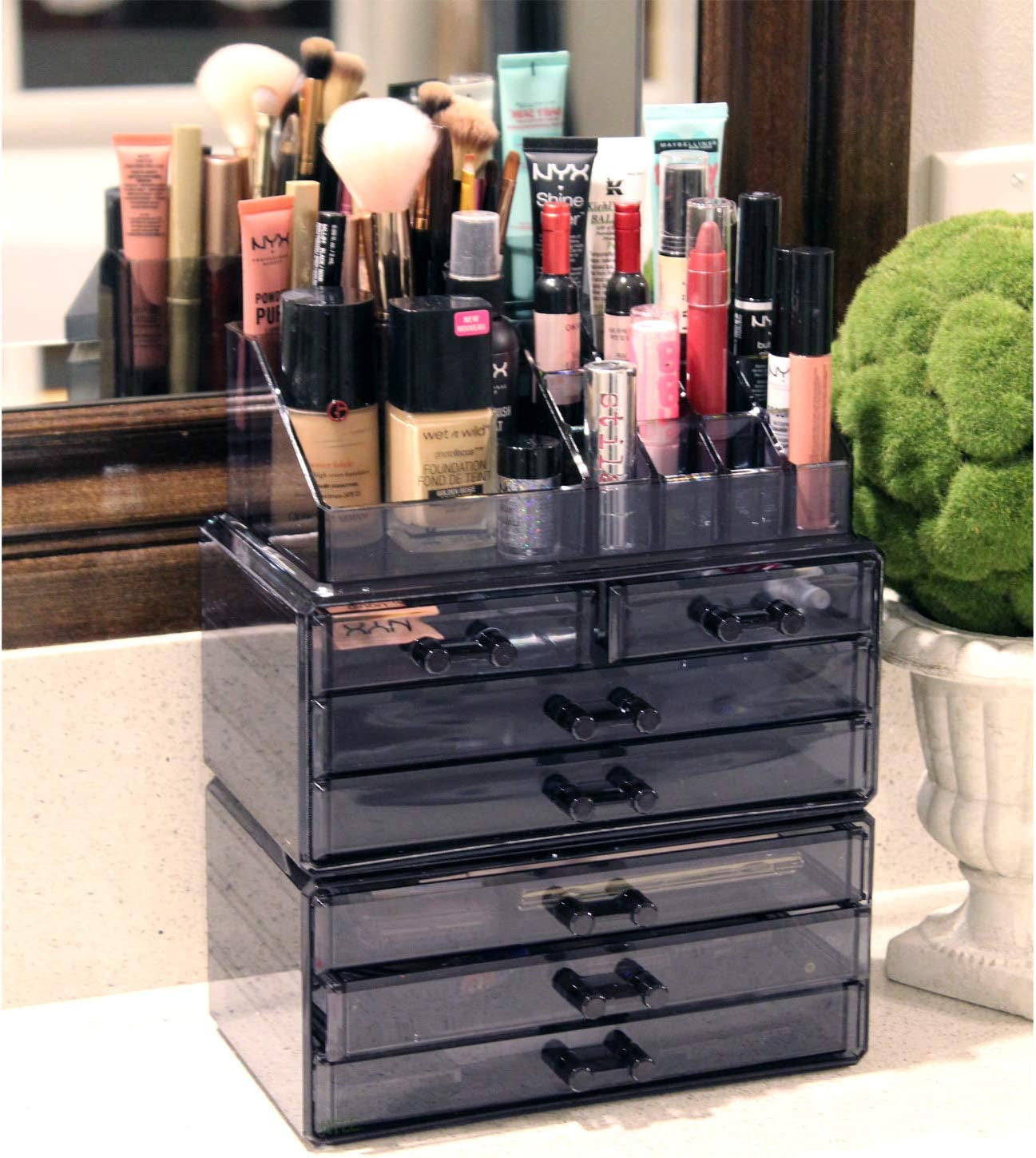 Cosmetics Makeup and Jewelry Storage Case Display, Stylish Bathroom Case Great for Lipstick, Nail Polish, Brushes, Jewelry and More, Overall: 9 1/4"W X 5 3/8"D X 11 5/8"H, Gray