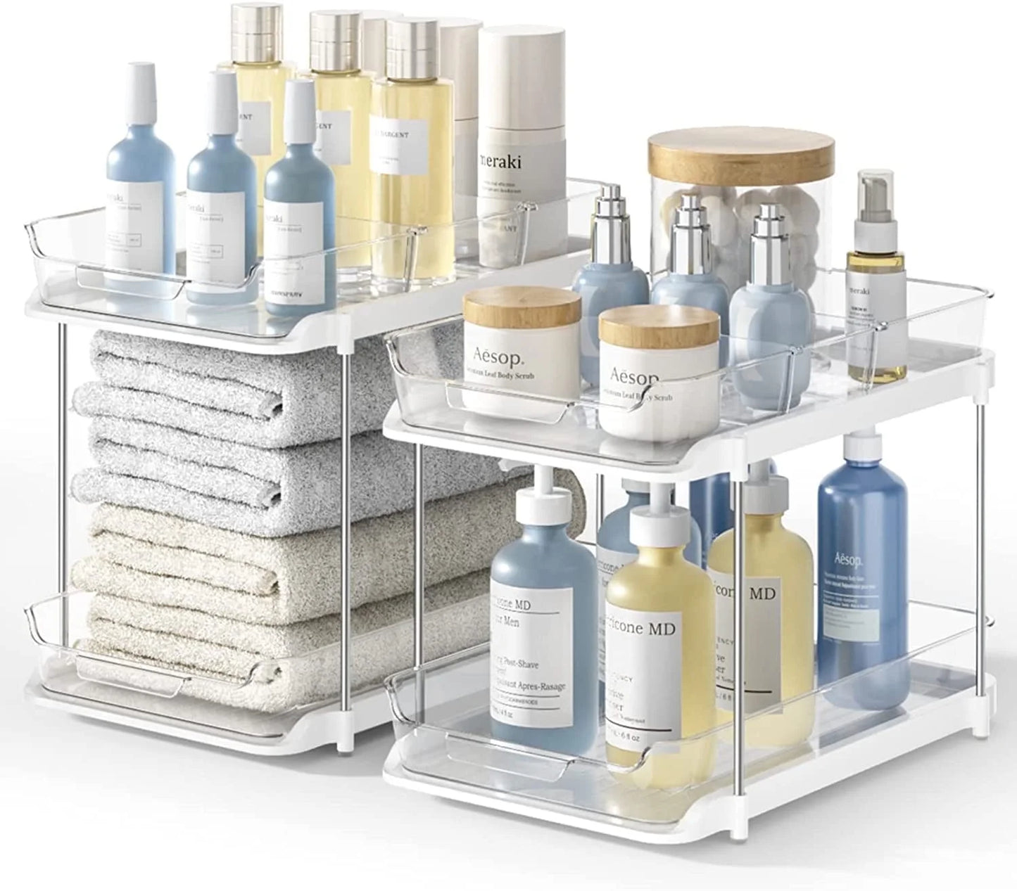 2 Pack Set under Sink Organizers and Storage, 2 Tier Sliding Bathroom Sink Organizer, Multi-Use under Kitchen Cabinet Storage Shelf (S&L), Transparent