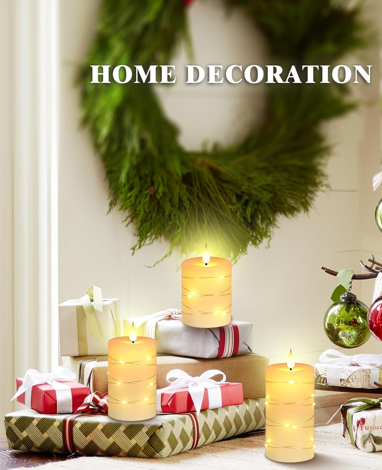 Flameless Candles with String Lights，Battery Operated Candles,Led Flickering Candles with Remote Control and Timer, Real Wax, 3 Pack-Ivory