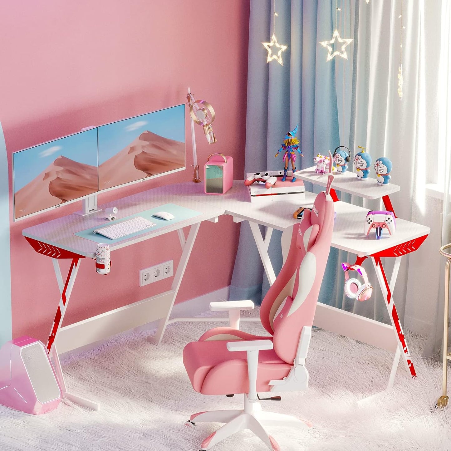 White Gaming Desk L Shaped, Gamer Desk Gaming Table with Carbon Fiber Surface, Corner Computer Desk L Shape with Cup Holder & Headphone Hook, 51 Inch