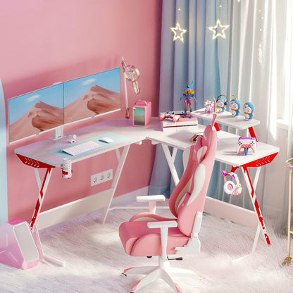 White Gaming Desk L Shaped, Gamer Desk Gaming Table with Carbon Fiber Surface, Corner Computer Desk L Shape with Cup Holder & Headphone Hook, 51 Inch