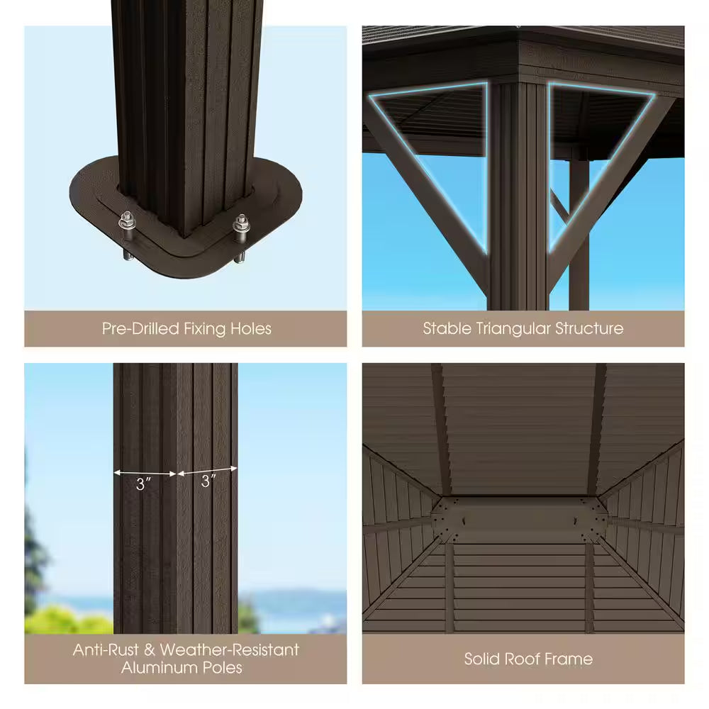12 Ft. X 10 Ft. Brown Patio Hardtop Gazebo with Galvanized Steel Top Aluminum Frame Outdoor