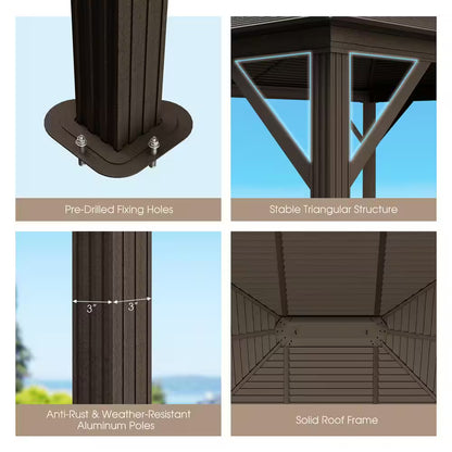 12 Ft. X 10 Ft. Brown Patio Hardtop Gazebo with Galvanized Steel Top Aluminum Frame Outdoor