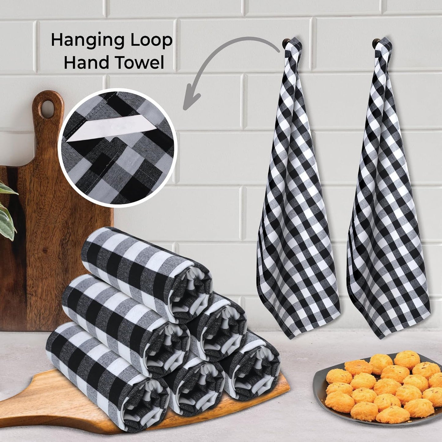Kitchen Towels 100% Cotton Dish Towels for Kitchen (Set of 6) 20”X30” Dish Cloths Highly Absorbent Kitchen Linen Set with Hanging Loop Perfect for Drying Dishes Cleaning – Black White