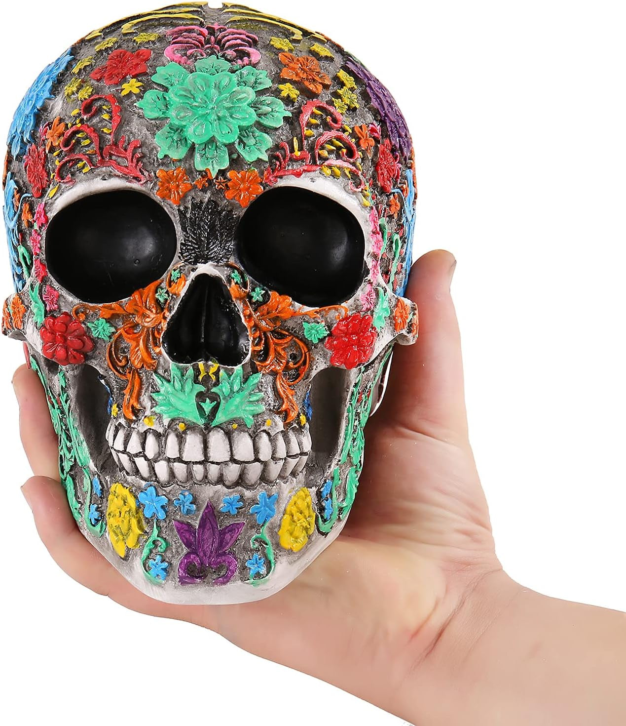 Highly Life Size Colourful Floral Resin Human Skull Head Statue Model Home Decor
