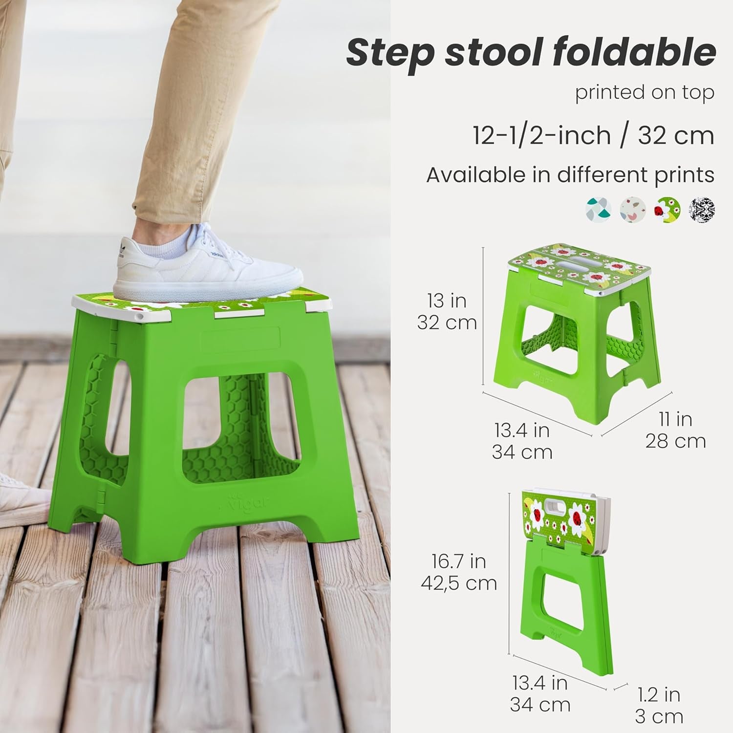 Compact Step Stool Foldable, 12-1/2-Inch Step Stools for Adults up to 330 Pound, Lightweight Stool, Non-Slip Folding Step Stool, Ladybug on Top