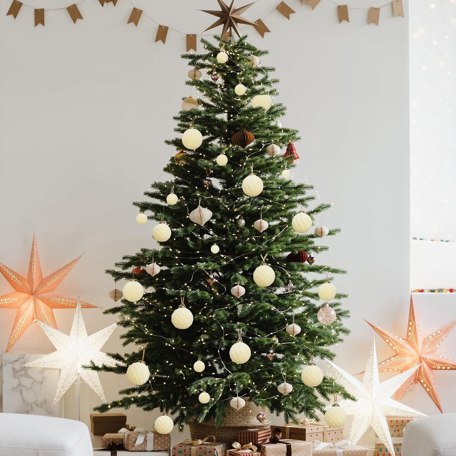 36PCS Velvet Christmas Ornaments Set Mixed Flocked Balls Ornaments Shatterproof Christmas Tree Decorations for Holiday,Party,Home(Beige)