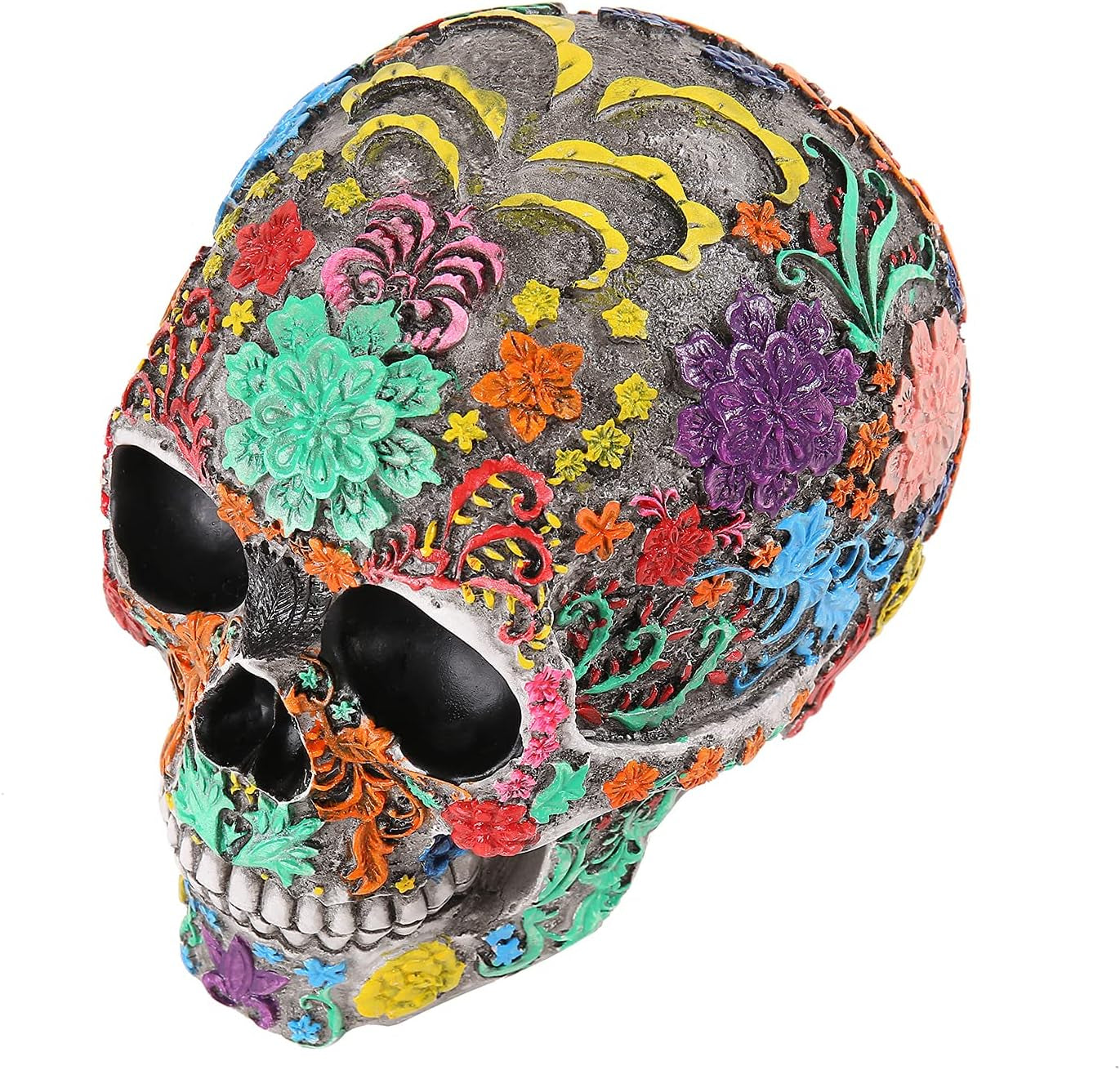 Highly Life Size Colourful Floral Resin Human Skull Head Statue Model Home Decor