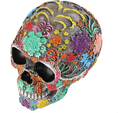 Highly Life Size Colourful Floral Resin Human Skull Head Statue Model Home Decor