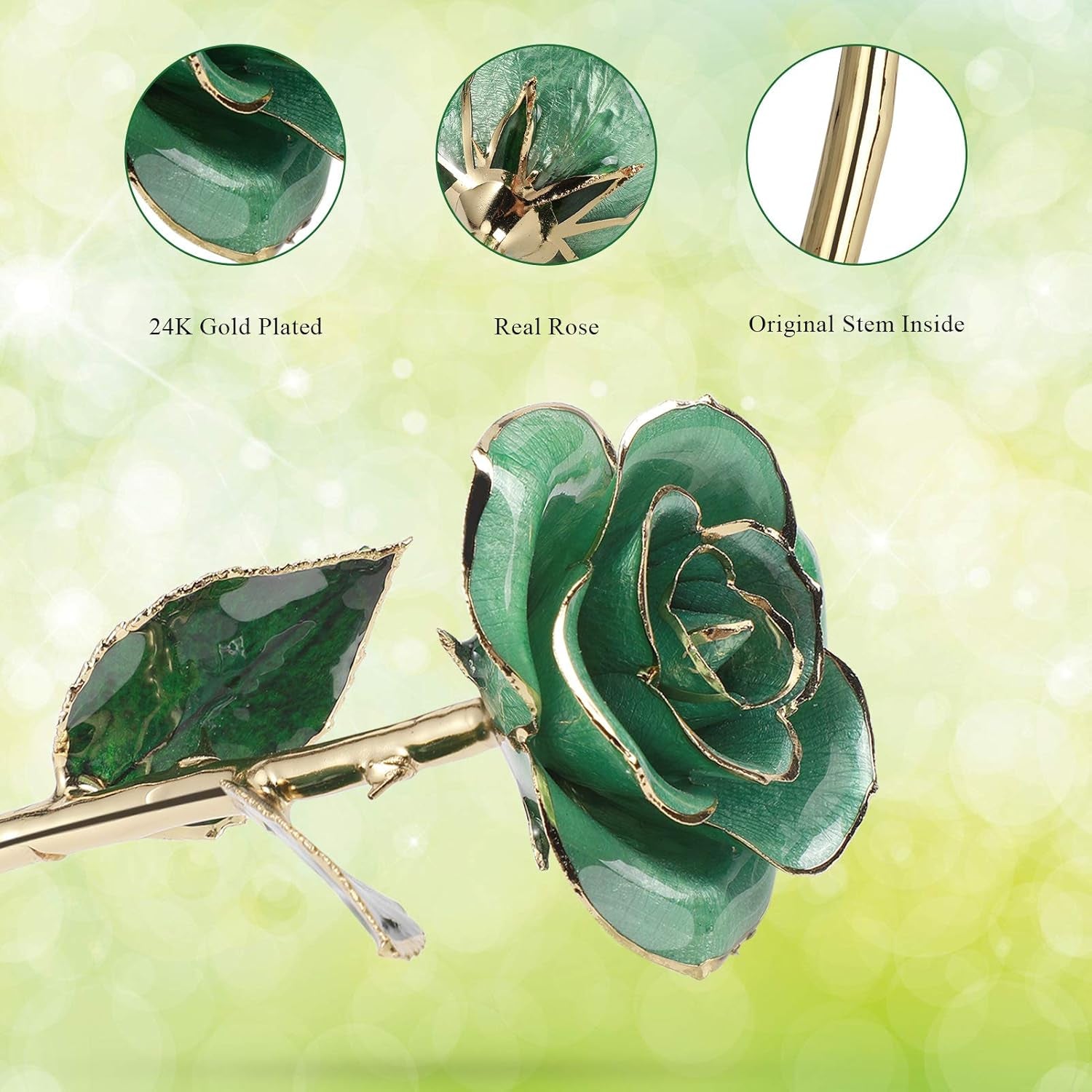 24K Light Green Rose for Her, Dipped Gold Rose Love Real Golden Plated Preserved Forever Flower with Rose Stand Present for Wife/Girlfriend/Lover (Light Green)