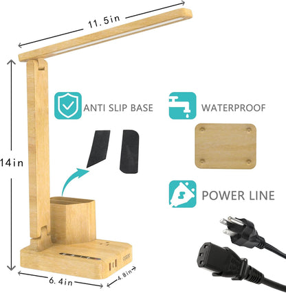 Wood LED Desk Lamp with 3 USB Charging Ports and 2 AC Outlets,3 Color Temperatures & 3 Brightness Levels, Touch/Memory/Timer Function,10W Eye Protection Foldable Reading Light,Office Table Lamp Wood