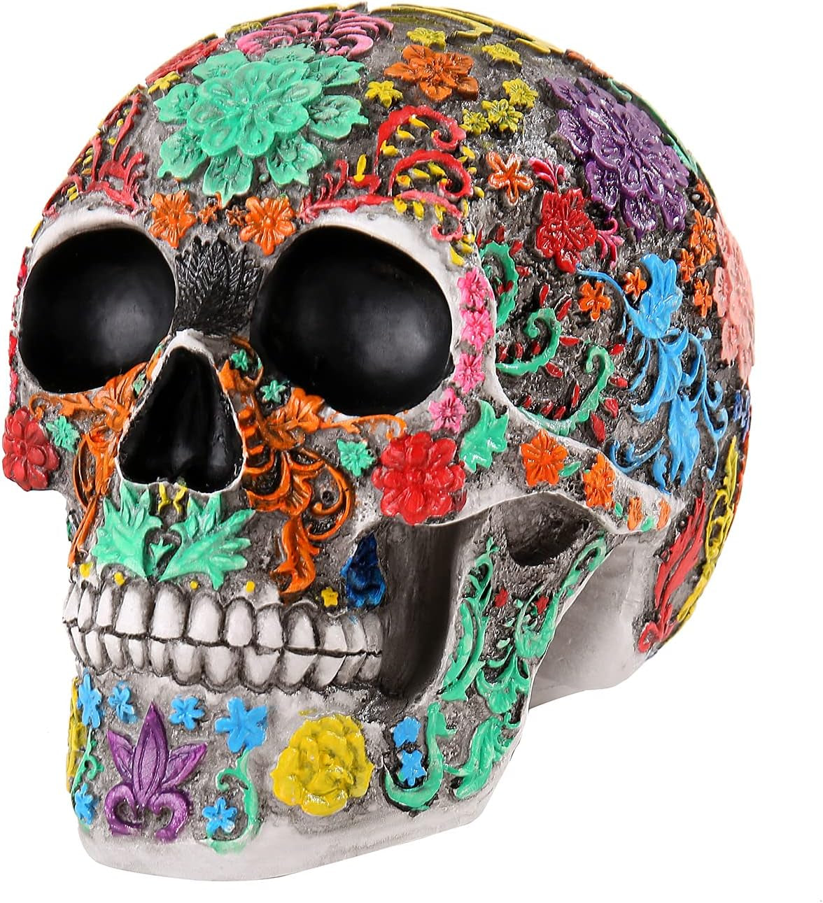 Highly Life Size Colourful Floral Resin Human Skull Head Statue Model Home Decor