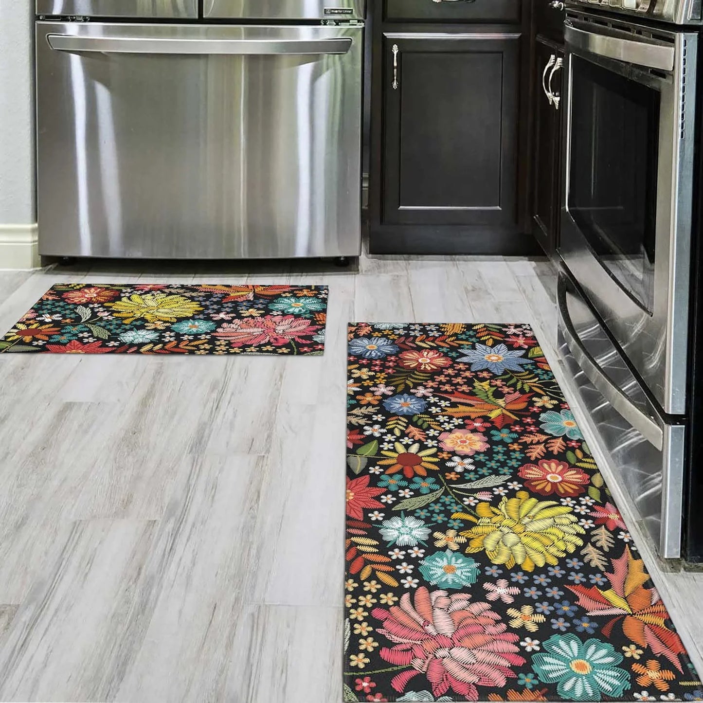Boho Floral Kitchen Rug Mat Set of 2 Spring Colorful Flowers Kitchen Rugs Washable Non Slip Summer Kitchen Floor Mats