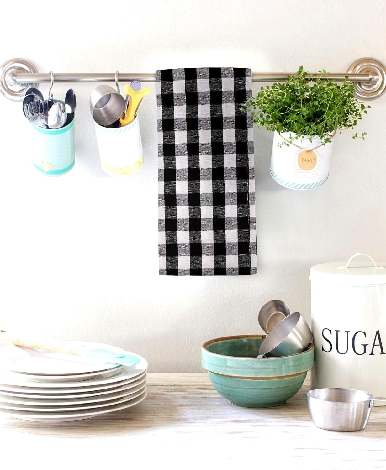 Kitchen Towels 100% Cotton Dish Towels for Kitchen (Set of 6) 20”X30” Dish Cloths Highly Absorbent Kitchen Linen Set with Hanging Loop Perfect for Drying Dishes Cleaning – Black White