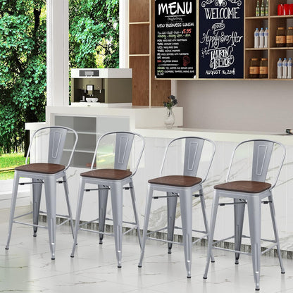 Metal Bar Stools Set of 4,24 Inch Barstools Counter Height Bar Stool with Backs Farmhouse Bar Stools with Larger Seat High Back Kitchen Dining Chairs Modern Bar Chairs 24" Silver Stool