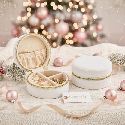 Velvet Travel Jewelry Box for Women – Compact round Zipper Case for Rings, Earrings & Necklaces – Small Portable Organizer & Giftable Storage – Pearl White