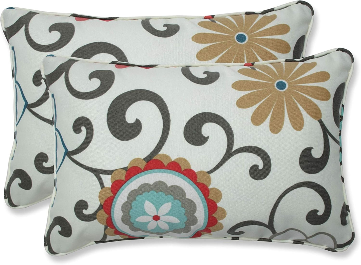 Bright Floral Indoor/Outdoor Throw Pillows, 2 Count, Lumbar - 11.5" X 18.5", Blue/Brown Pom Pom Play