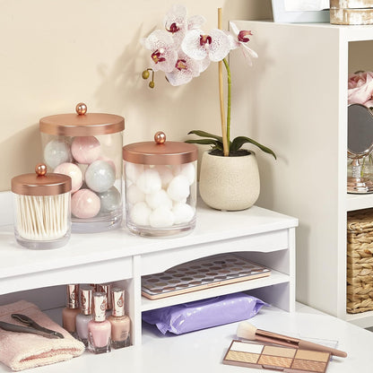 3-Pack Premium Quality Qtip and Cotton Ball Holders | 15-Oz to 60-Oz Clear Plastic Apothecary Jars with Matte Rose Gold Lids | Perfect Containers for Bathroom and Vanity