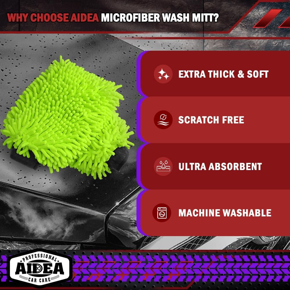 Car Wash Mitt Microfiber, 2PK Scratch Free Lint-Free, Premium Chenille Microfiber Mitt Car Wash Brush, Green, Regular Size 7.12''X10.14''