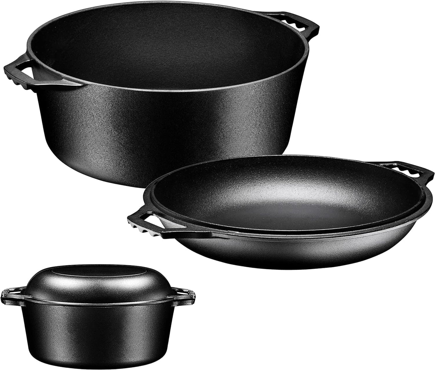 Pre-Seasoned Cast Iron Double Dutch Oven with Skillet Lid - 7 Quart All-In-One Casserole and Braising Pan - Heavy Duty and Oven Safe Black Cookware for Versatile Cooking - 14.7 X 6.9 Inches