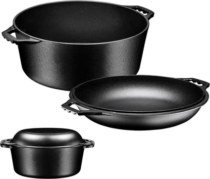 Pre-Seasoned Cast Iron Double Dutch Oven with Skillet Lid - 7 Quart All-In-One Casserole and Braising Pan - Heavy Duty and Oven Safe Black Cookware for Versatile Cooking - 14.7 X 6.9 Inches