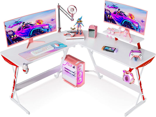 White Gaming Desk L Shaped, Gamer Desk Gaming Table with Carbon Fiber Surface, Corner Computer Desk L Shape with Cup Holder & Headphone Hook, 51 Inch