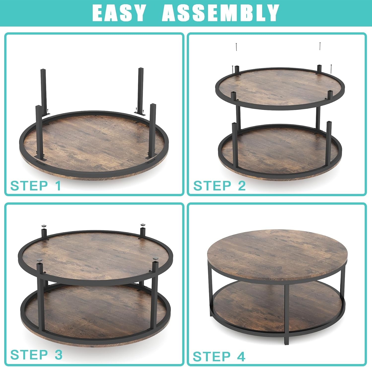 36 Inches round Coffee Table, Rustic Wooden Surface Top & Sturdy Metal Legs Industrial Sofa Table for Living Room Modern Design Home Furniture with Storage Open Shelf (Brown)