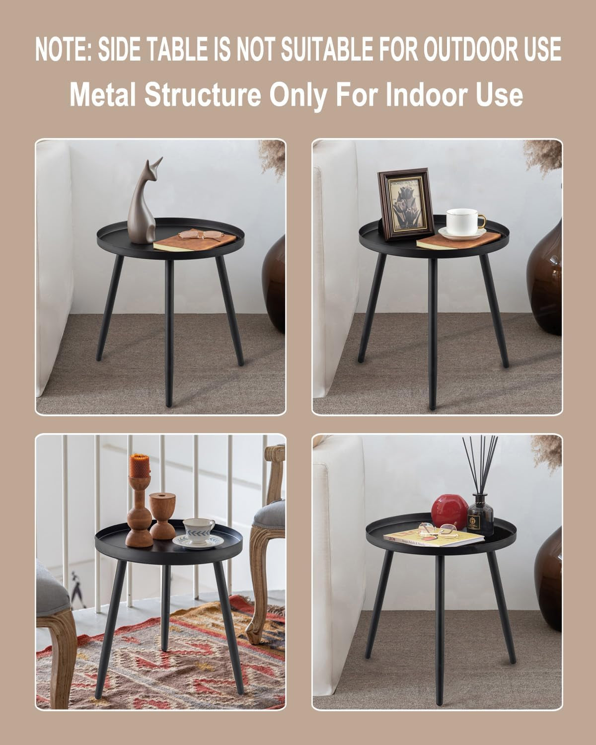 Side Table: End Table for Indoor Use - Small Side Tables for Small Spaces All Matte Black with 3 Legged