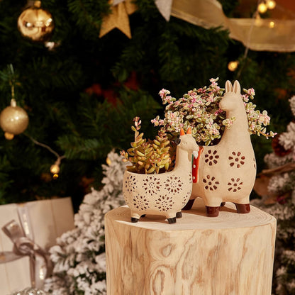 Ceramic Animal Succulent Planter Pots - 6.1 + 4.5 Inch Cute Alpaca/Llama & Goat Rough Pottery Unglazed Desktop Flower Plant Pots Indoor, Home Decor Gifts for Mom, Green