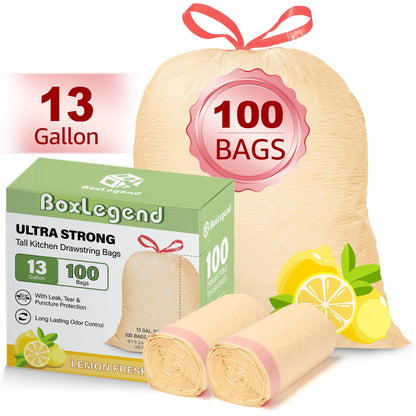 Ultra Strong 13 Gallon Trash Bags, Lemon Scent (100 Count), Tall Kitchen Drawstring Garbage Bags 10-13 Gallon, Light Yellow