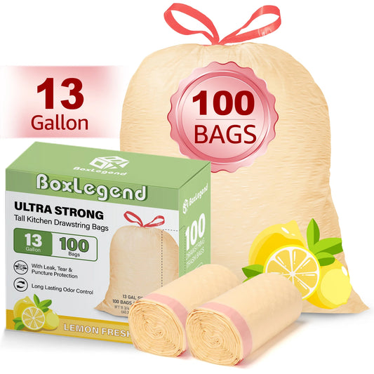Ultra Strong 13 Gallon Trash Bags, Lemon Scent (100 Count), Tall Kitchen Drawstring Garbage Bags 10-13 Gallon, Light Yellow