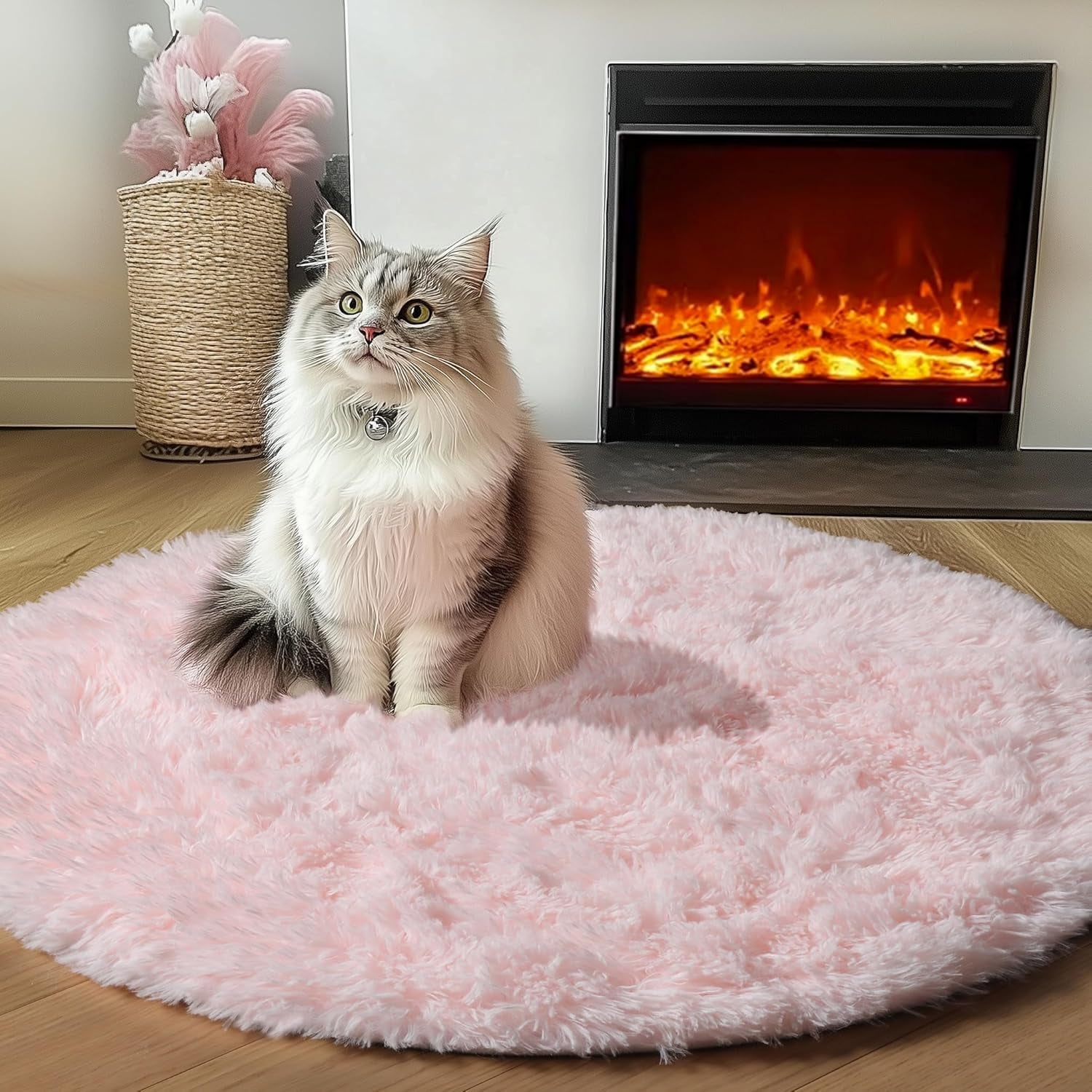 Light Pink round Area Rugs 2Ft for Bedroom Living Room, Fluffy Cat Dog Bed Mat, Washable Circle Rug for Kids Girls Boys Teen, Soft Plush Shaggy Carpet for Nursery Dorm Home Decor Aesthetic