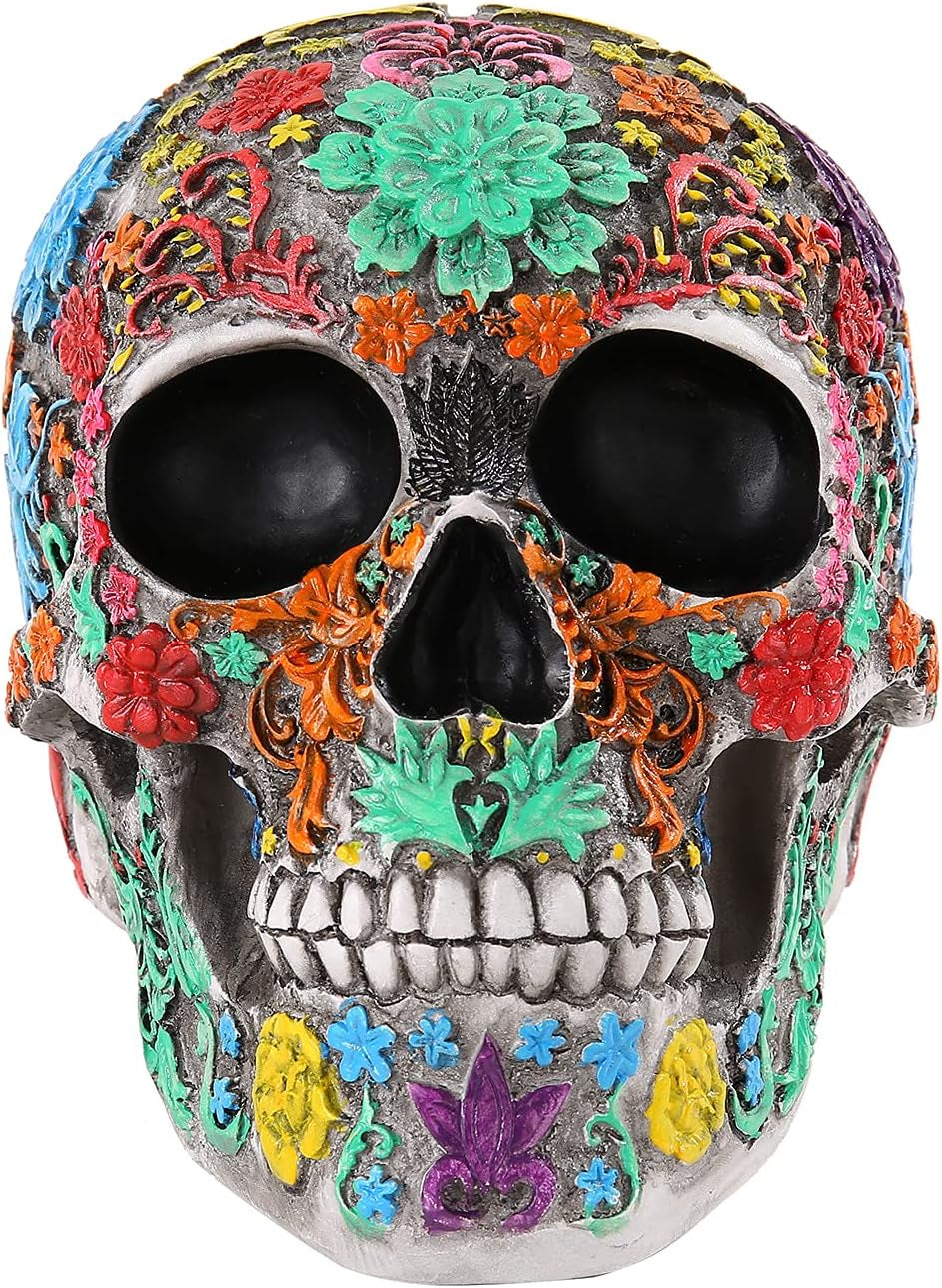 Highly Life Size Colourful Floral Resin Human Skull Head Statue Model Home Decor