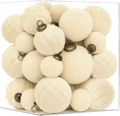 36PCS Velvet Christmas Ornaments Set Mixed Flocked Balls Ornaments Shatterproof Christmas Tree Decorations for Holiday,Party,Home(Beige)
