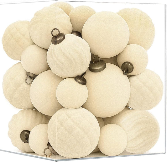 36PCS Velvet Christmas Ornaments Set Mixed Flocked Balls Ornaments Shatterproof Christmas Tree Decorations for Holiday,Party,Home(Beige)