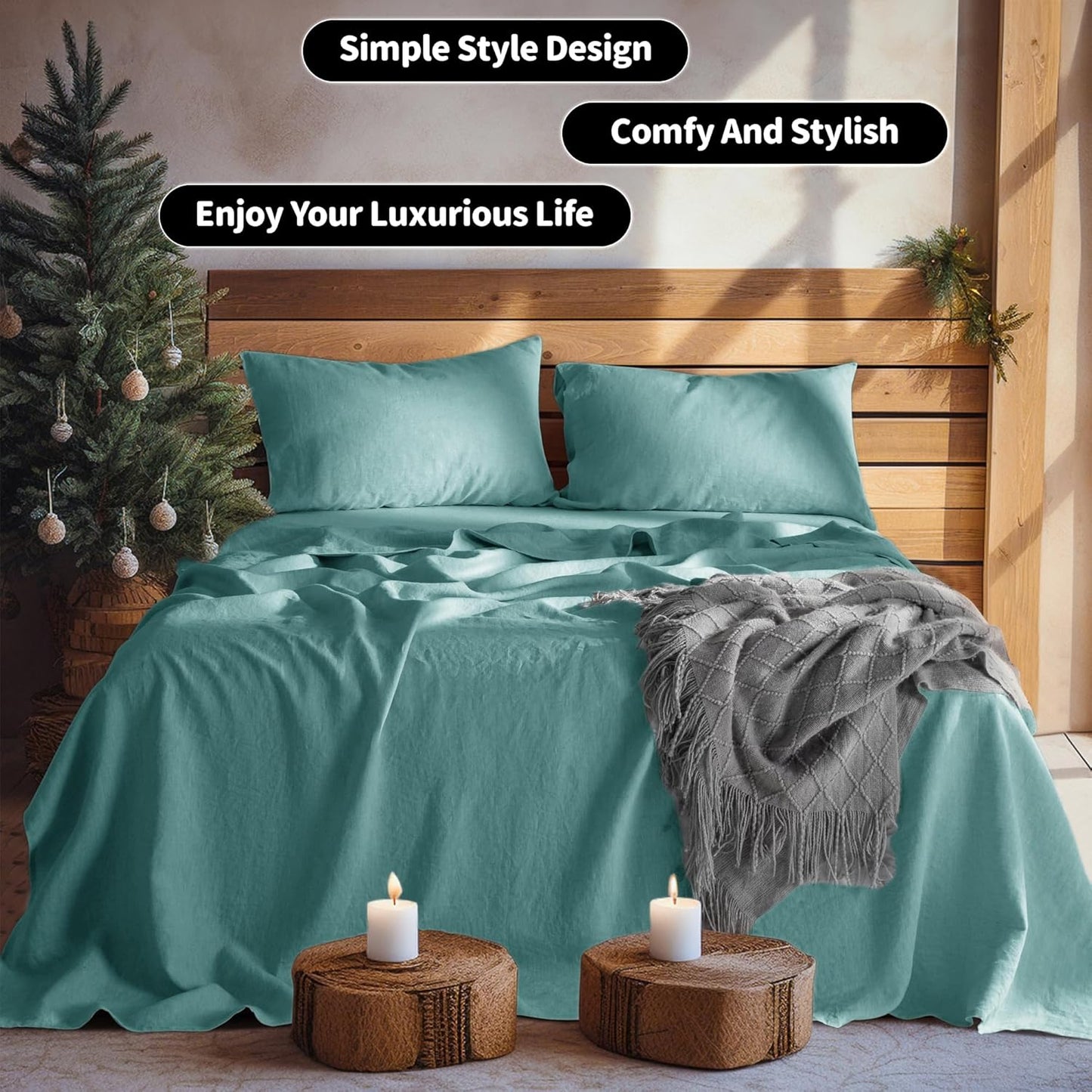 100% Linen Sheet Set Twin Size,Bed Sheets 3 Piece Sets,Solid Color Natural Flax Bed Sheets Soft Breathable Bedding,16" Deep Pocket,All Season (Twin, Aqua)