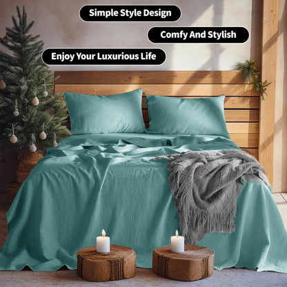 100% Linen Sheet Set Twin Size,Bed Sheets 3 Piece Sets,Solid Color Natural Flax Bed Sheets Soft Breathable Bedding,16" Deep Pocket,All Season (Twin, Aqua)