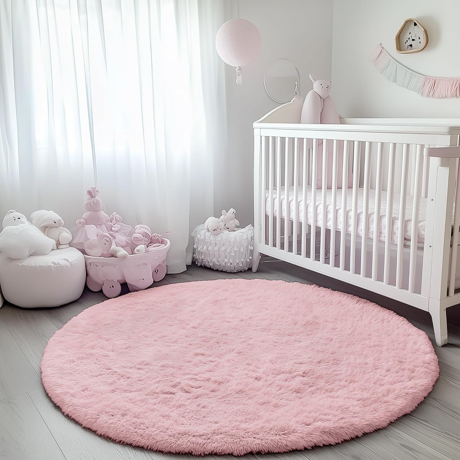 Light Pink round Area Rugs 2Ft for Bedroom Living Room, Fluffy Cat Dog Bed Mat, Washable Circle Rug for Kids Girls Boys Teen, Soft Plush Shaggy Carpet for Nursery Dorm Home Decor Aesthetic