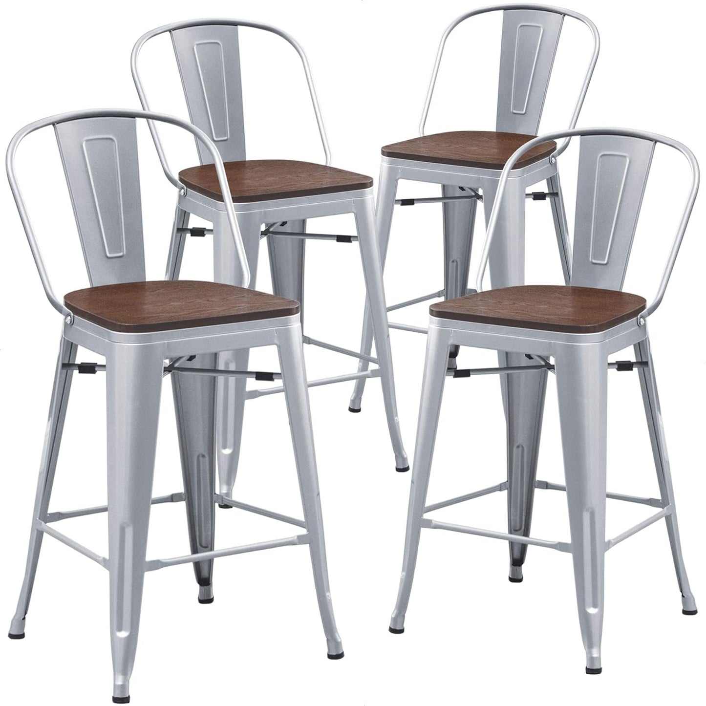 Metal Bar Stools Set of 4,24 Inch Barstools Counter Height Bar Stool with Backs Farmhouse Bar Stools with Larger Seat High Back Kitchen Dining Chairs Modern Bar Chairs 24" Silver Stool
