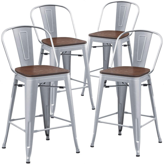 Metal Bar Stools Set of 4,24 Inch Barstools Counter Height Bar Stool with Backs Farmhouse Bar Stools with Larger Seat High Back Kitchen Dining Chairs Modern Bar Chairs 24" Silver Stool