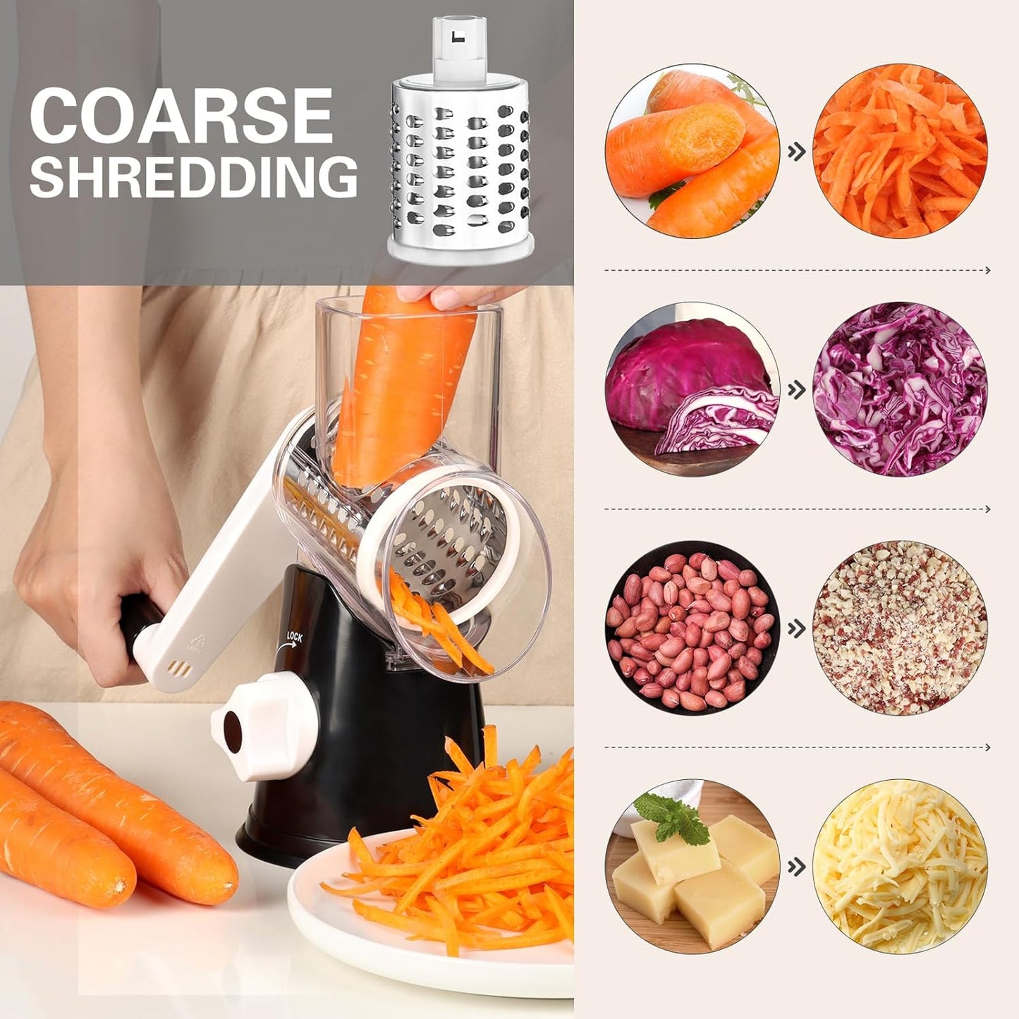 Rotary Cheese Grater Hand Crank Cheese Shredder for Fresh Cheese, Vegetable, Nuts,Non-Slip Suction Base, Free Cleaning Brush Three Blades, Black