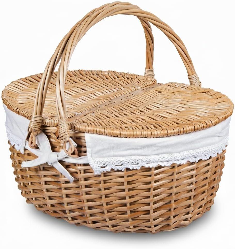 Wicker Picnic Basket with Lid and Handle Sturdy Woven Body with Washable Lining for Easter,Mother'S Day,Outdoor Camping,Not Dyed