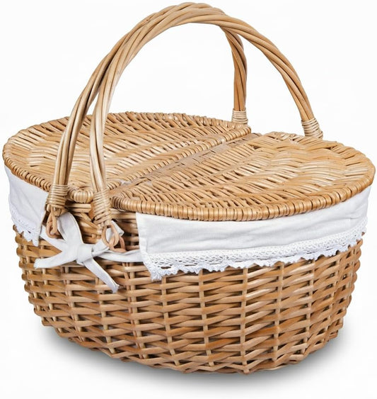 Wicker Picnic Basket with Lid and Handle Sturdy Woven Body with Washable Lining for Easter,Mother'S Day,Outdoor Camping,Not Dyed