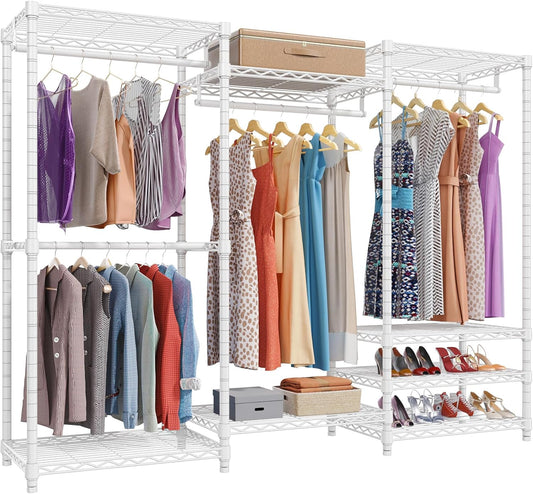 V5 Portable Closet Wardrobe Heavy Duty Clothes Rack, Freestanding Clothing Racks with 4 Hang Rods & 8 Shelves, Adjustable Custom Closet Racks, 68.9" L X 15.7" W X 76.4" H, Max Load 800LBS, White
