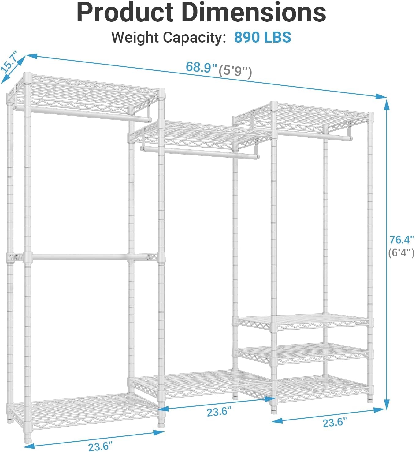 V5 Portable Closet Wardrobe Heavy Duty Clothes Rack, Freestanding Clothing Racks with 4 Hang Rods & 8 Shelves, Adjustable Custom Closet Racks, 68.9" L X 15.7" W X 76.4" H, Max Load 800LBS, White