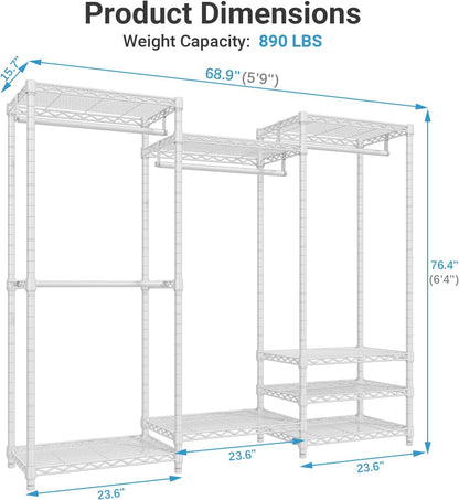 V5 Portable Closet Wardrobe Heavy Duty Clothes Rack, Freestanding Clothing Racks with 4 Hang Rods & 8 Shelves, Adjustable Custom Closet Racks, 68.9" L X 15.7" W X 76.4" H, Max Load 800LBS, White