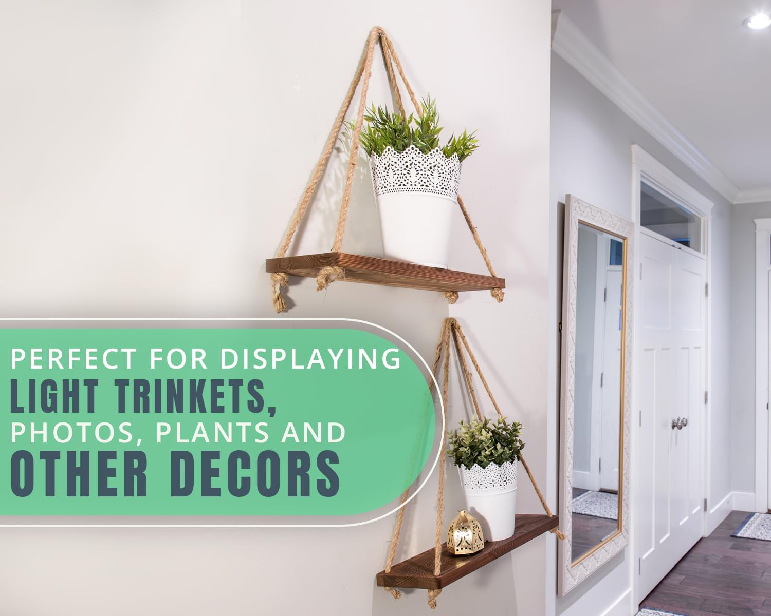 Hanging Shelves for Wall - Set of 2 – Rustic Farmhouse Boho Shelves with String – 17”X5.2” – Thick Distressed, Torched Look Real Wood - Brown Color