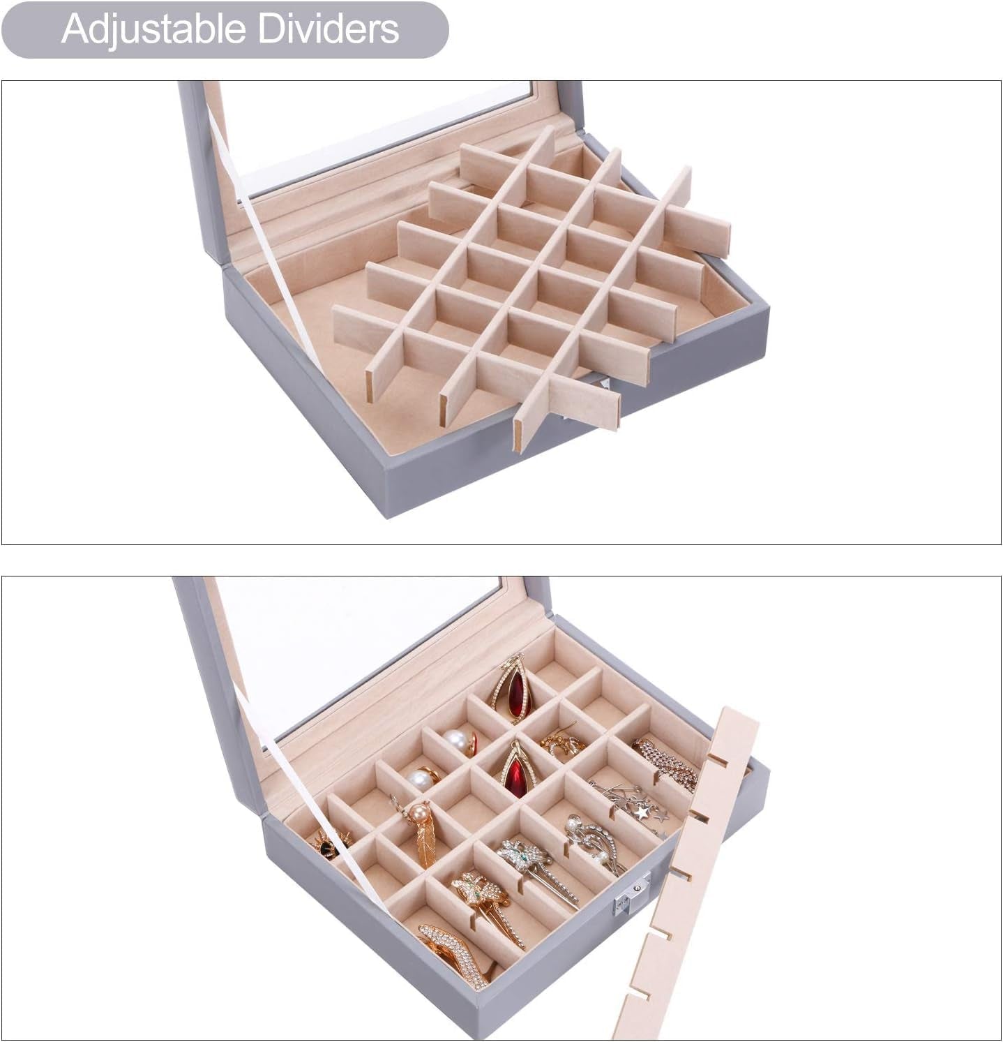 Jewelry Box 24 Slots Earring Organizer Holder for Girls Women Earring Jewelry Display Storage Case with Metal Buckle Clear Glass Lid Grey SSH17H