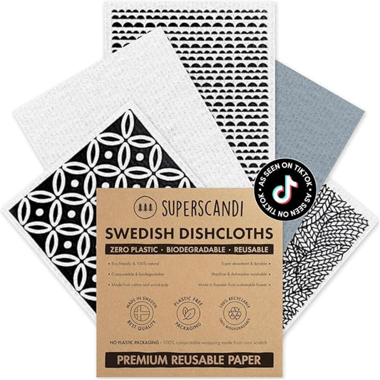 5 Pack Swedish Dishcloths for Kitchen - 100% Biodegradable & Compostable, Reusable Paper Towels Washable, Food-Safe & without Plastic - Dish Rags Suitable for Any Surface, Scandi White